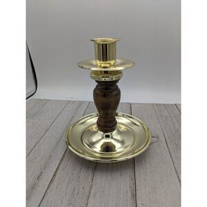 Vintage Wood Brass Candle Stick Holder Stained Wood Gold Brass Colored 6"